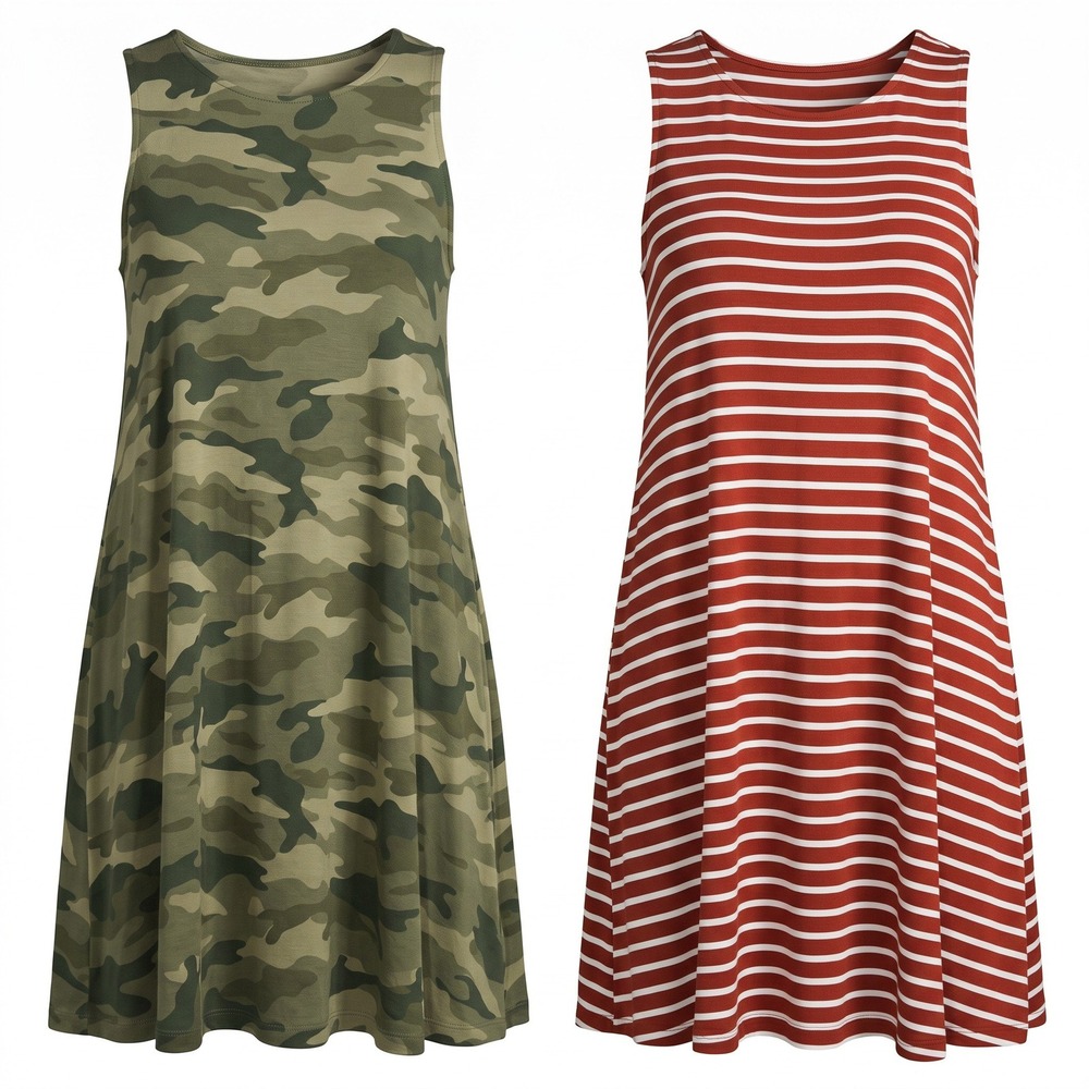 Old Navy Womens M 2 Dresses Bundle 2-Piece Camo & Rust Stripe Sleeveless Swing